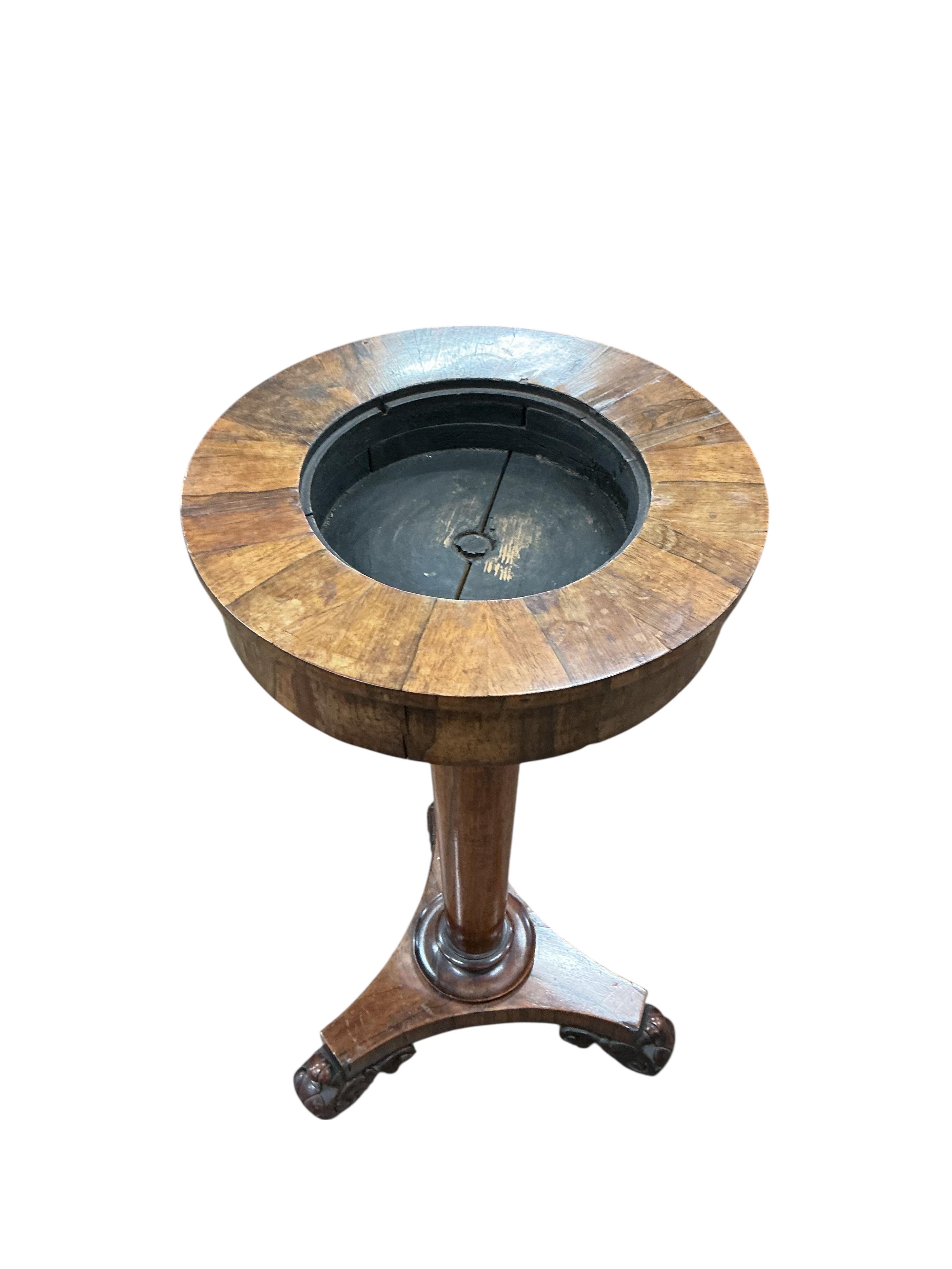 A Regency circular rosewood jardiniere table, diameter 40cm, height 76cm